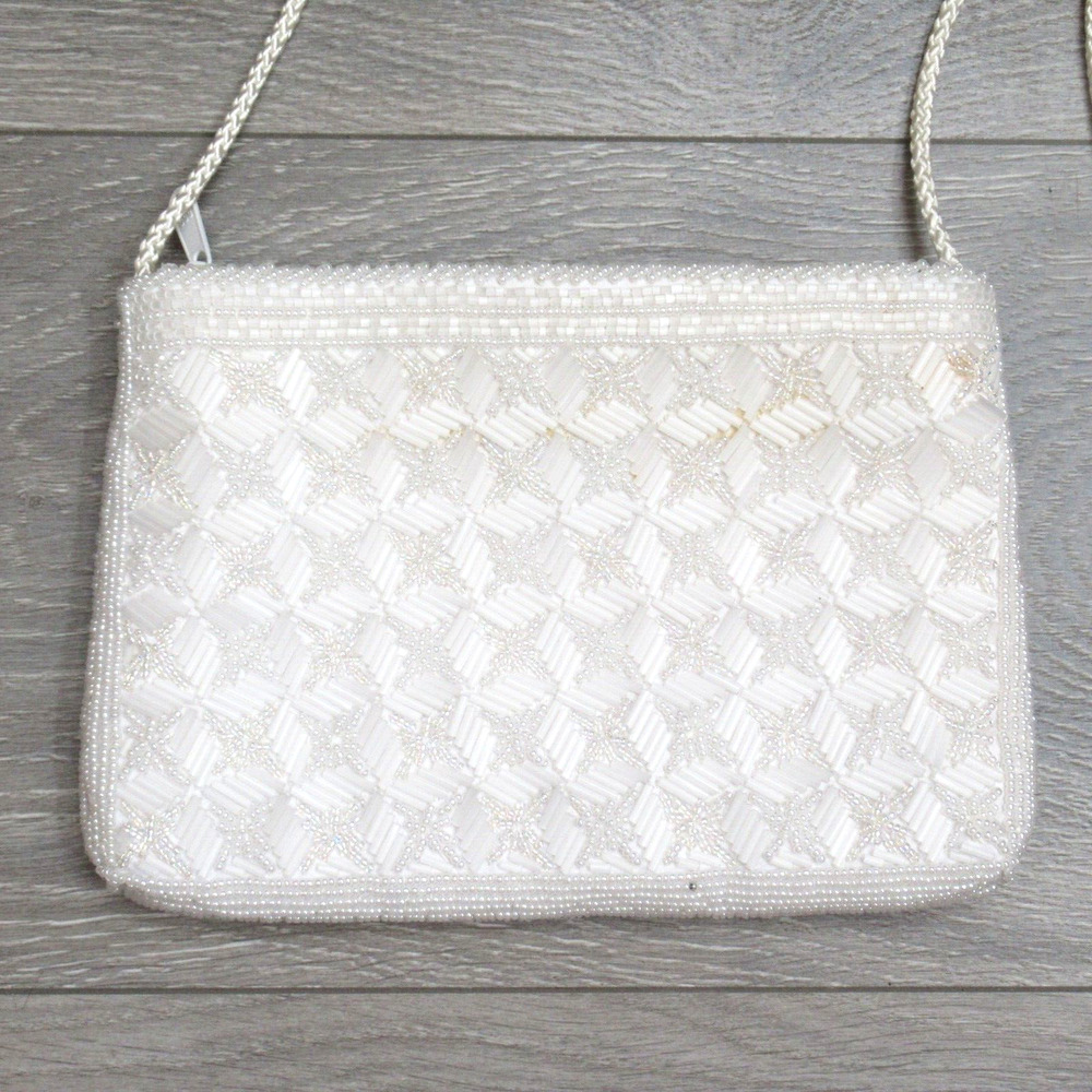 Vintage Le Regale Evening Shoulder Bag White Beaded Lined Wedding Shoulder Strap